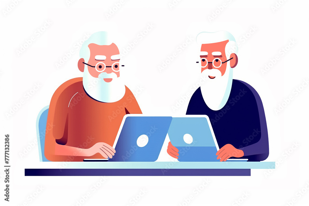 Happy elderly men is working on a laptop. Freelance, online training, email checking, webinar. Elderly man at table in the office.