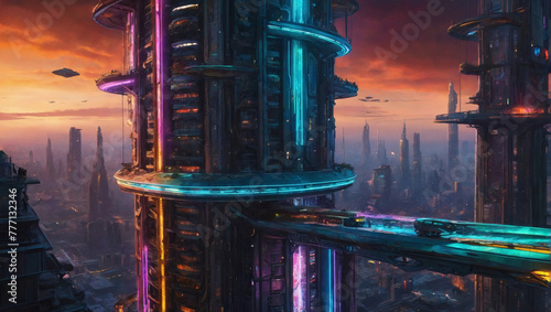 In the center of a bustling futuristic cityscape, a towering, ramshackle space elevator stretches upwards