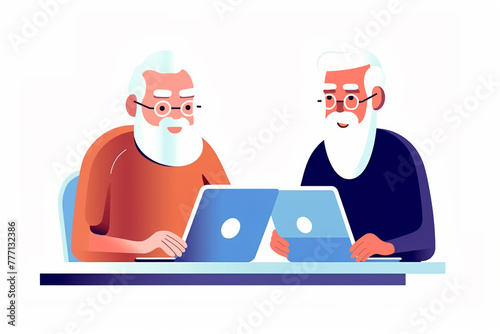 Happy elderly men is working on a laptop. Freelance, online training, email checking, webinar. Elderly man at table in the office.