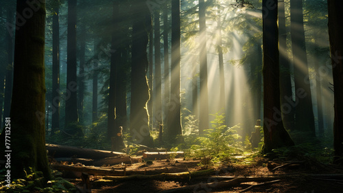 Sunlight filtering through a dense forest of towering trees.