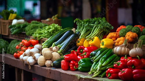 Bright fresh vegetables and fruits on the counter of a street vegetable market   reated with Generative Ai