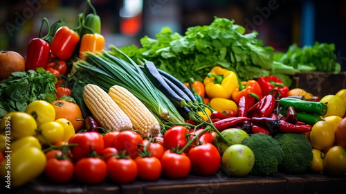 Bright fresh vegetables and fruits on the counter of a street vegetable market   reated with Generative Ai