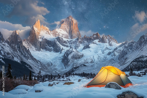 Moonlit snowy mountain landscape with glowing tent. Generative AI image photo