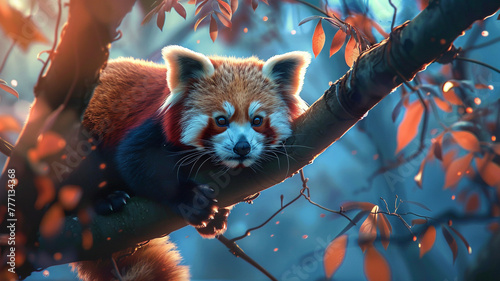 Adorable red panda perched on a tree branch. photo