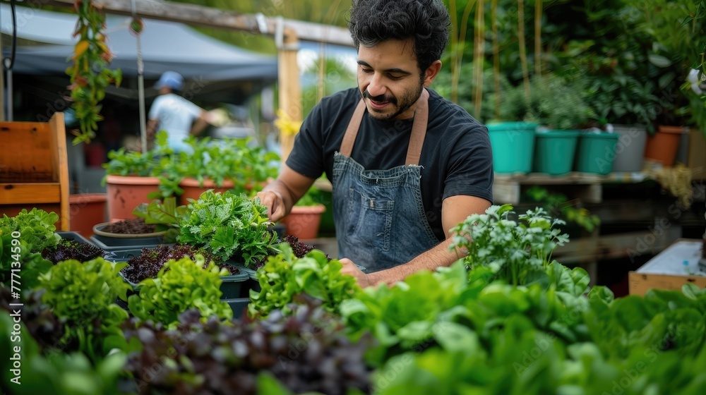 A person working in a greenhouse.A focused young man with a warm smile is engaged in gardening, tending to a variety of healthy, green plants in an urban garden setting. A person working in a greenhouse.A focused young man with a warm smile is engaged in gardening, tending to a variety of healthy, green plants in an urban garden setting.