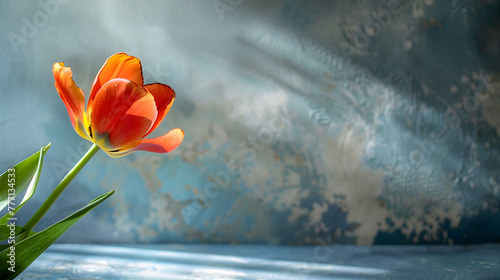 Fresh juicy red tulip on plastered wall background, spring flower in gentle sunlight, spring holiday concept, delicate flower for banner with copy space photo