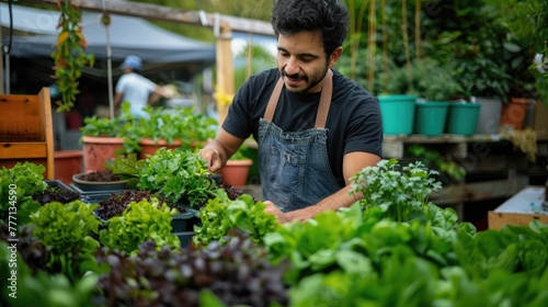 A person working in a greenhouse.A focused young man with a warm smile is engaged in gardening, tending to a variety of healthy, green plants in an urban garden setting.
