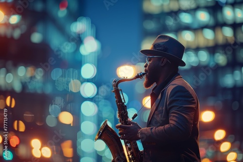 Saxophonist Enthralling the City with Soulful Tunes at Night