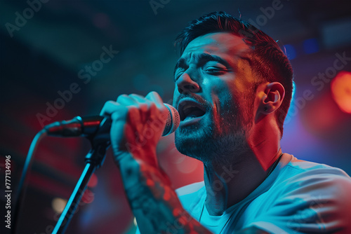 Passionate male singer performing at a live concert. Generative AI image