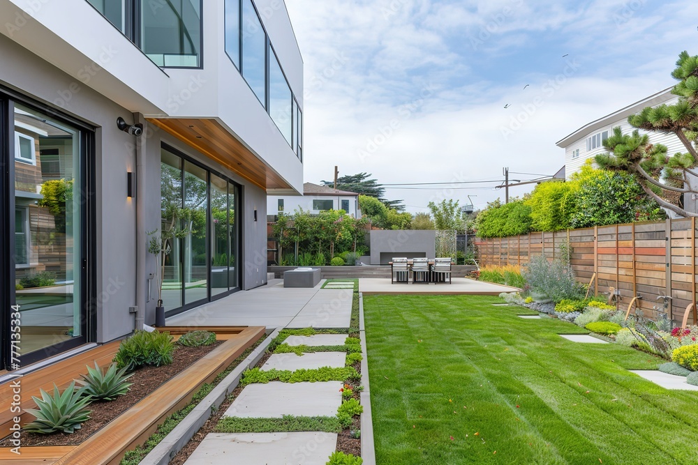 A large house with a large yard and a patio. The yard is lush and green, and there are several potted plants throughout the area. A large house with a large yard and a patio. The yard is lush and green, and there are several potted plants throughout the area.