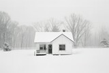 A small white house is covered in snow. The house is surrounded by trees and a fence. The snow is piled up around the house,