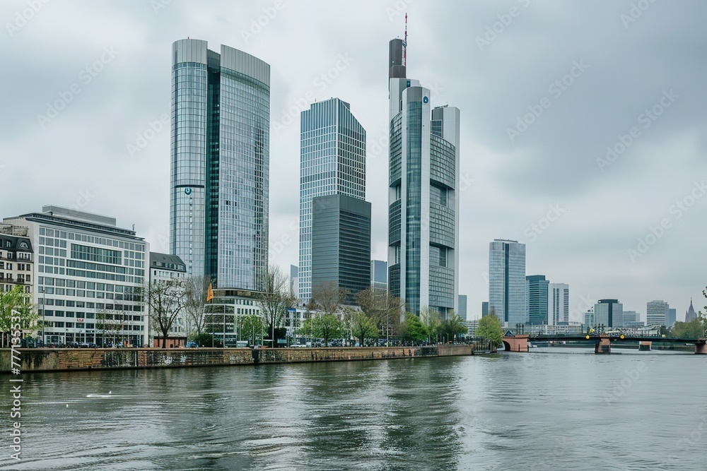 A city skyline with a river running through it. The buildings are tall and the sky is cloudy A city skyline with a river running through it. The buildings are tall and the sky is cloudy