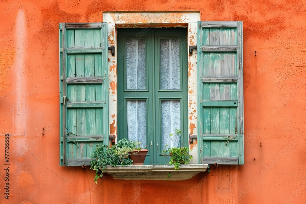 A window with shutters and a green curtain