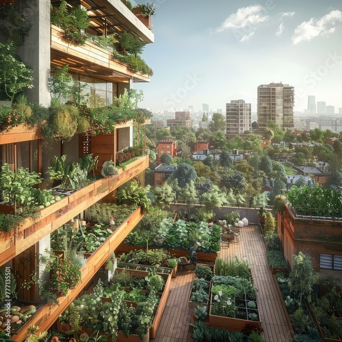 View of the city. The expansive balcony of a tall building is adorned with a beautiful garden, showcasing a variety of carefully placed plants and flowers. photo
