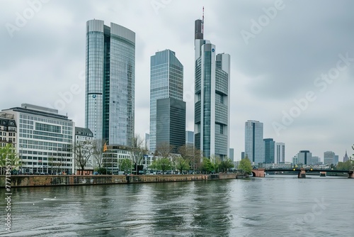 A city skyline with a river running through it. The buildings are tall and the sky is cloudy