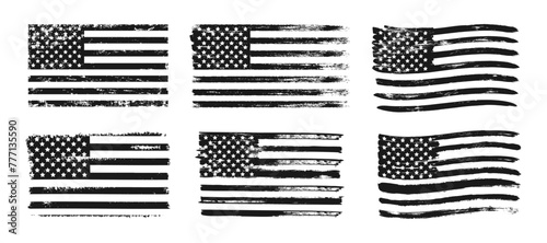 Textured USA flag. Grunge decorative American flag monochrome color. Black and white stripes and stars flag banners for t-shirts print isolated on white background. Vector collection