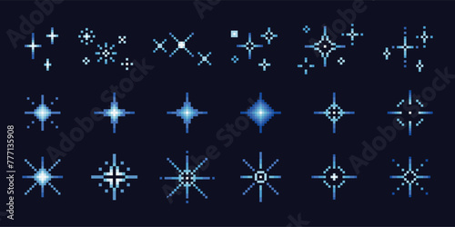 Pixel blue stars. 8-bit game sparkle magic pixelated elements for background night sky. Comic abstract pixels light and glitter. Retro icon star for design. Vector set