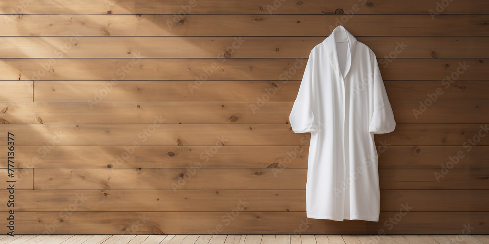 a white mock up smple of a white hodded bathrobe hanging infront of a pollished wood wall сreated with Generative Ai a white mock up smple of a white hodded bathrobe hanging infront of a pollished wood wall сreated with Generative Ai