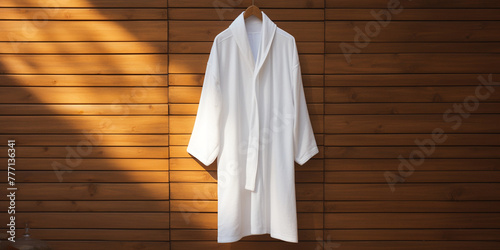 a white mock up smple of a white hodded bathrobe hanging infront of a pollished wood wall сreated with Generative Ai