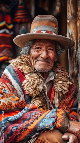Portrait of an older Peruvian man in typical Peruvian folkloric attire