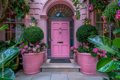A pink door with a gold knob sits in front of a house with pink flowers in pots photo