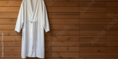 a white mock up smple of a white hodded bathrobe hanging infront of a pollished wood wall сreated with Generative Ai