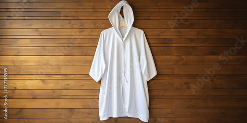 a white mock up smple of a white hodded bathrobe hanging infront of a pollished wood wall сreated with Generative Ai photo