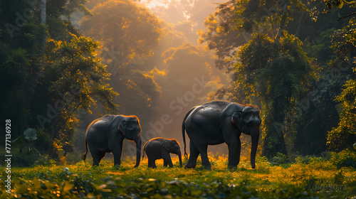 A family of elephants, with towering trees as the background, during a midday heatwave © CanvasPixelDreams