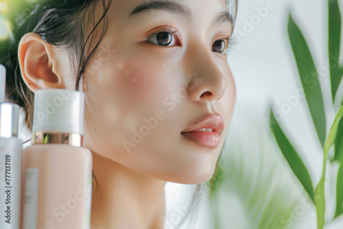 Asian beauty with a touch of nature, showcasing skincare in a lush, green setting