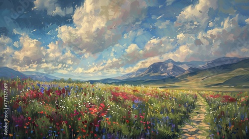 Path Through a Blossoming Meadow to Mountains