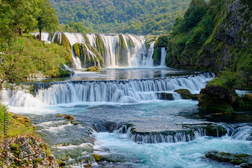 Waterfalls of Una National Park in Bosnia and Herzegovina. A network of river streams  pools  water rapids  canyons and waterfalls.