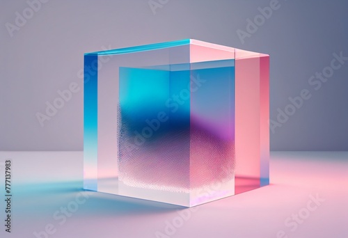 An ethereal 3D render of a translucent rectangle, blending hues of blue and pink seamlessly, creating a mesmerizing gradient effect.