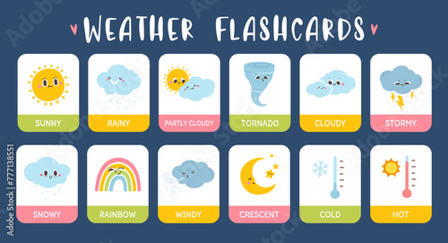 Kids weather flashcards. Cartoon studying cards for children education with cute season weather icons. Rainy clouds, happy sunny, smiling snow, wind. Baby poster. Vector set