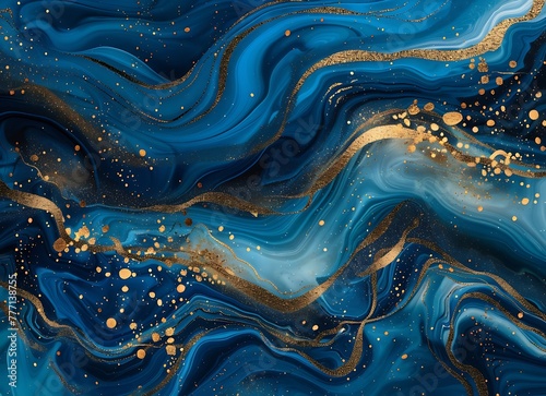 Beautiful abstract background with blue and gold glitter marble texture, ocean waves pattern in the style of ocean waves