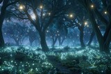 Forest with luminous trees and bioluminescent creatures, moonlit, wide angle, enchanted wilderness