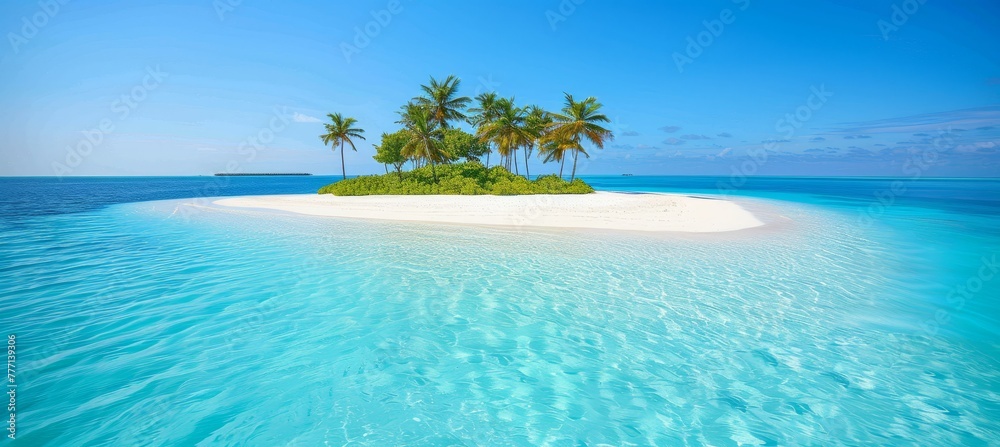 Tranquil maldives island beach aerial view with lush palm trees on serene white sandy shore