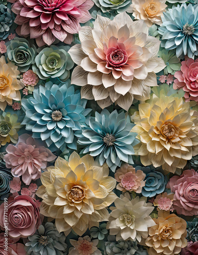 Background of large paper flowers. Colorful handmade flowers.