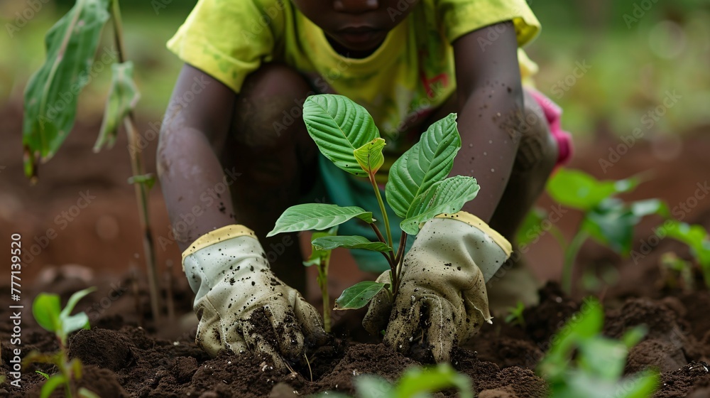close-up of an African American child planting a plant - obrazy, fototapety, plakaty 