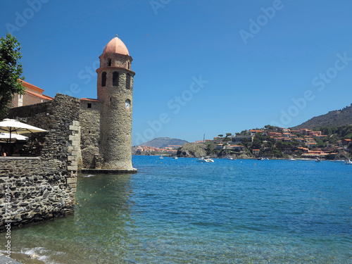 Collioure - France - 08.07.2023: Tower of Collioure,  small town in the south of France, in the foothills of the Pyrenees.