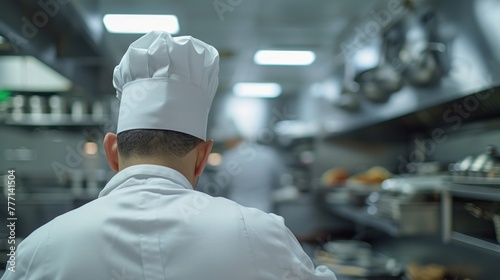 The chef supervising the kitchen of restaurant, view from his back