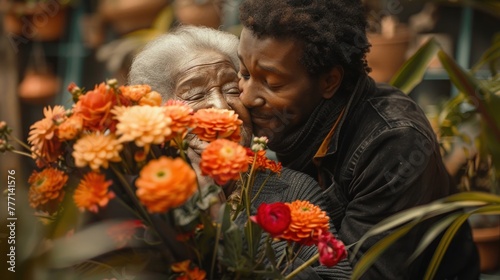 Cute photo for happy mother's day. Black Man hugs his elderly mother with the flowers © Taborisova