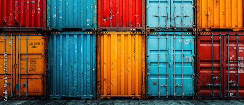 Stacked cargo containers in the storage area of freight sea port terminal, concept of export-import and national delivery of goods 