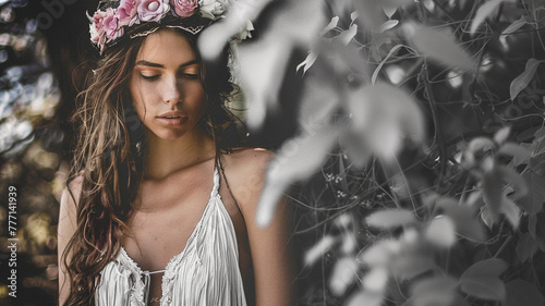 Bohemian style with a flowy maxi dress and flower crown on a free-spirited model.