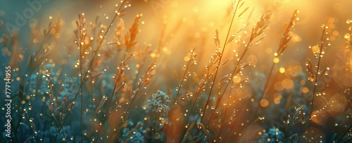 Dewy Dawn A Field of Blossoms Illuminated by the First Light of the Day Generative AI