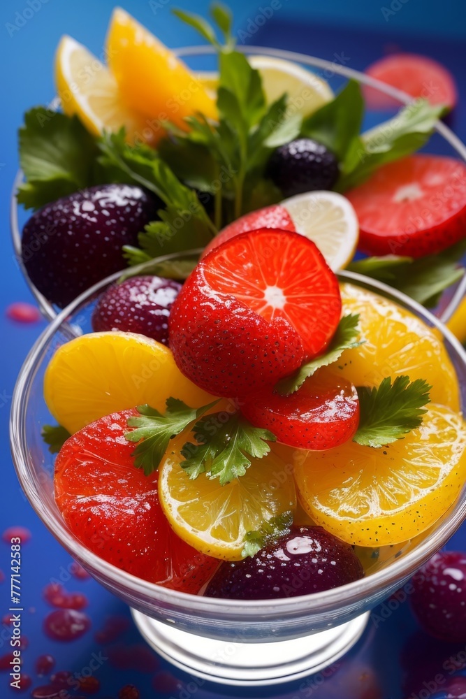 a glass of strawberries, strawberries, and oranges are on a blue table. a glass of strawberries, strawberries, and oranges are on a blue table.