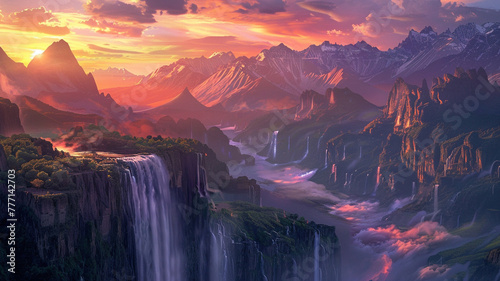 Breathtaking sunset over a serene mountain range with a cascading waterfall.