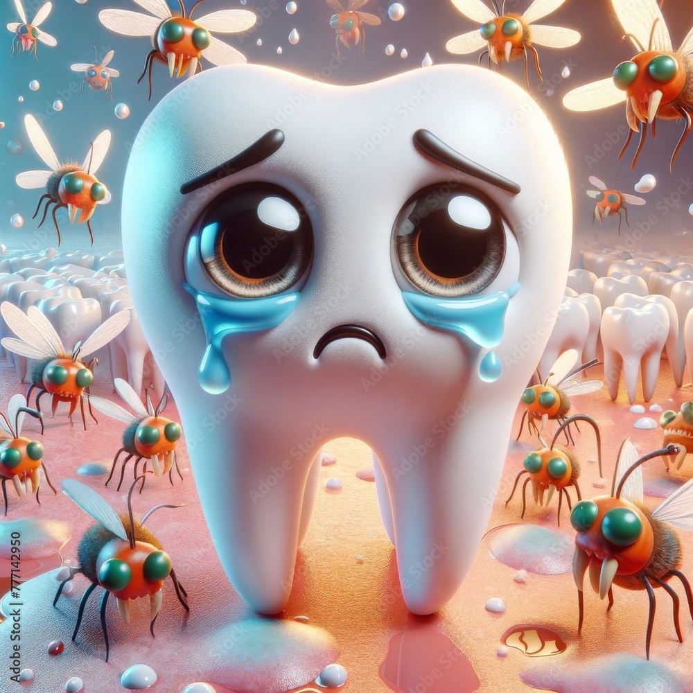 Anthropomorphic sad tooth with expressive eyes, tears, surrounded by cartoonish harmful insects