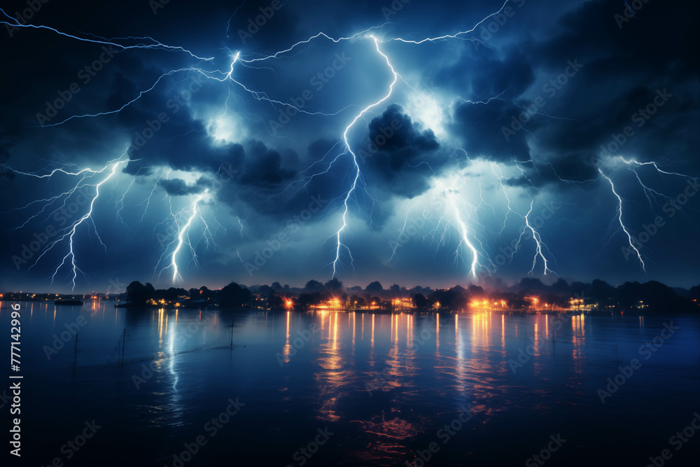 Fototapeta premium Dangerous and violent lightning, lightning storm events.
