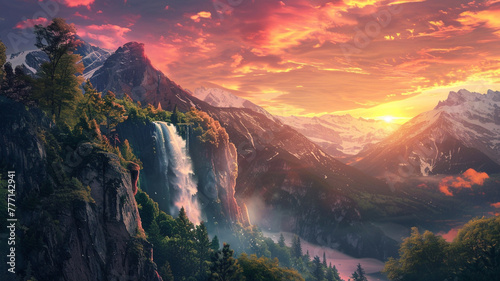 Breathtaking sunset over a serene mountain range with a cascading waterfall.