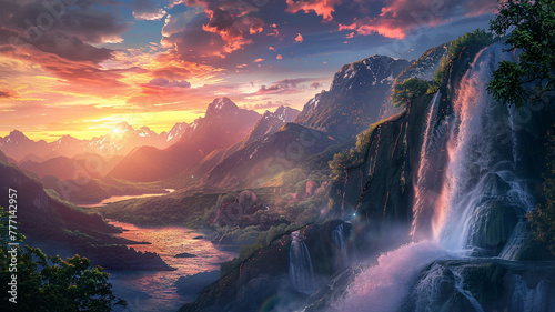 Breathtaking sunset over a serene mountain range with a cascading waterfall. #777142957